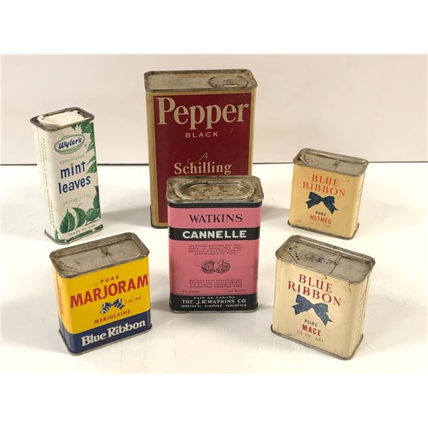 Group of 6 early 1900s collectors spice tins - Schilling Pepper/ Watkin's Cinnamon/ Blue Ribbon Nutm