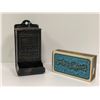 Image 1 : Early 1900s A.H. Jackson wooden match collectible tin dispenser w/ old box of Ohio Blue Tip Matches