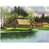 Image 2 : Original oil on canvas painting "Rustic Farmhouse on the Lake" by F. Bute - approx. 24in x 20in