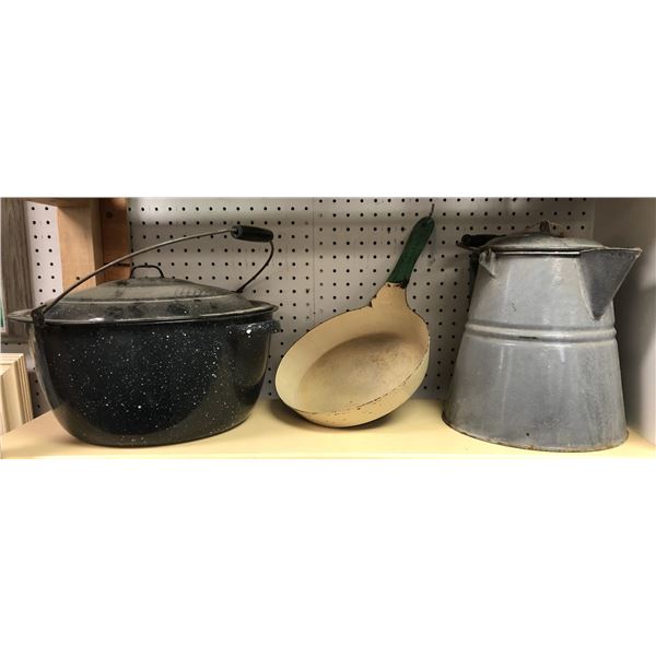 Group of 3 antique enamel cookware - Large lidded kettle/ frying pan & large lidded pot