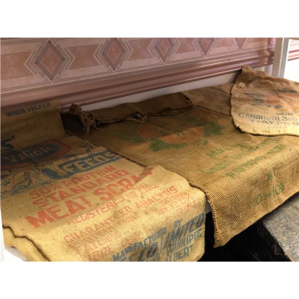 Group of 4 vintage burlap sugar & seeds sacks