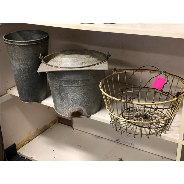 Group of 3 vintage galvanized metal buckets & 2 vintage metal baskets