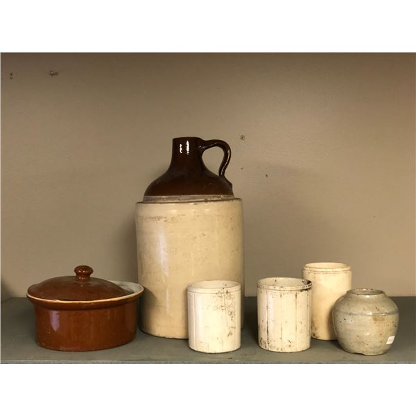 Group of 6 antique stoneware collectibles - Crock jug/ 3 jam jars/ lidded bean pot & small vase