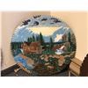 Image 2 : 2 Large 23 1/2in diameter vintage tole painted "Log Cabin On The Lake Scene" & "Fish Caught on The F