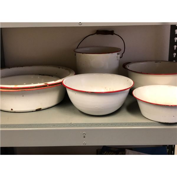 7 pcs. of antique enamelware - White w/ red trim