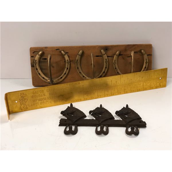 2 horse related wall mount coat racks & 1 gator grip golden ruler