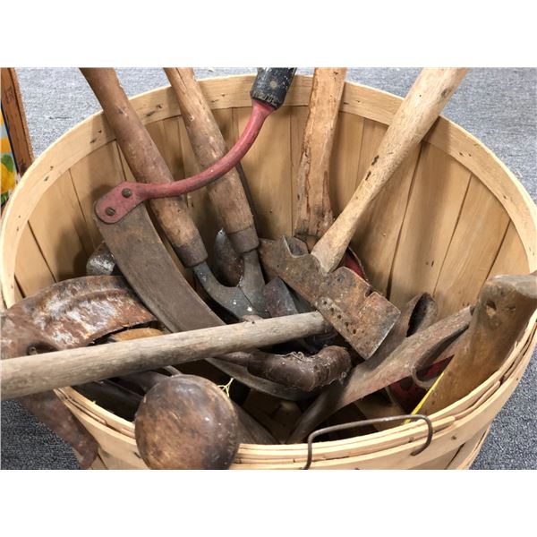 Vintage bentwood basket filled w/ assorted rustic hand tools