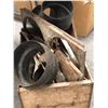 Image 2 : Wooden crate filled w/ assorted antique wood stove parts