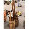 Image 2 : 4 vintage small wooden barrels filled w/ skis/ golf clubs/ canes etc.