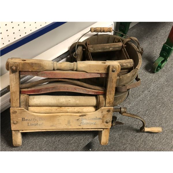 Antique Beatt Brothers clothes wooden washing ringer & wooden ringer bucket