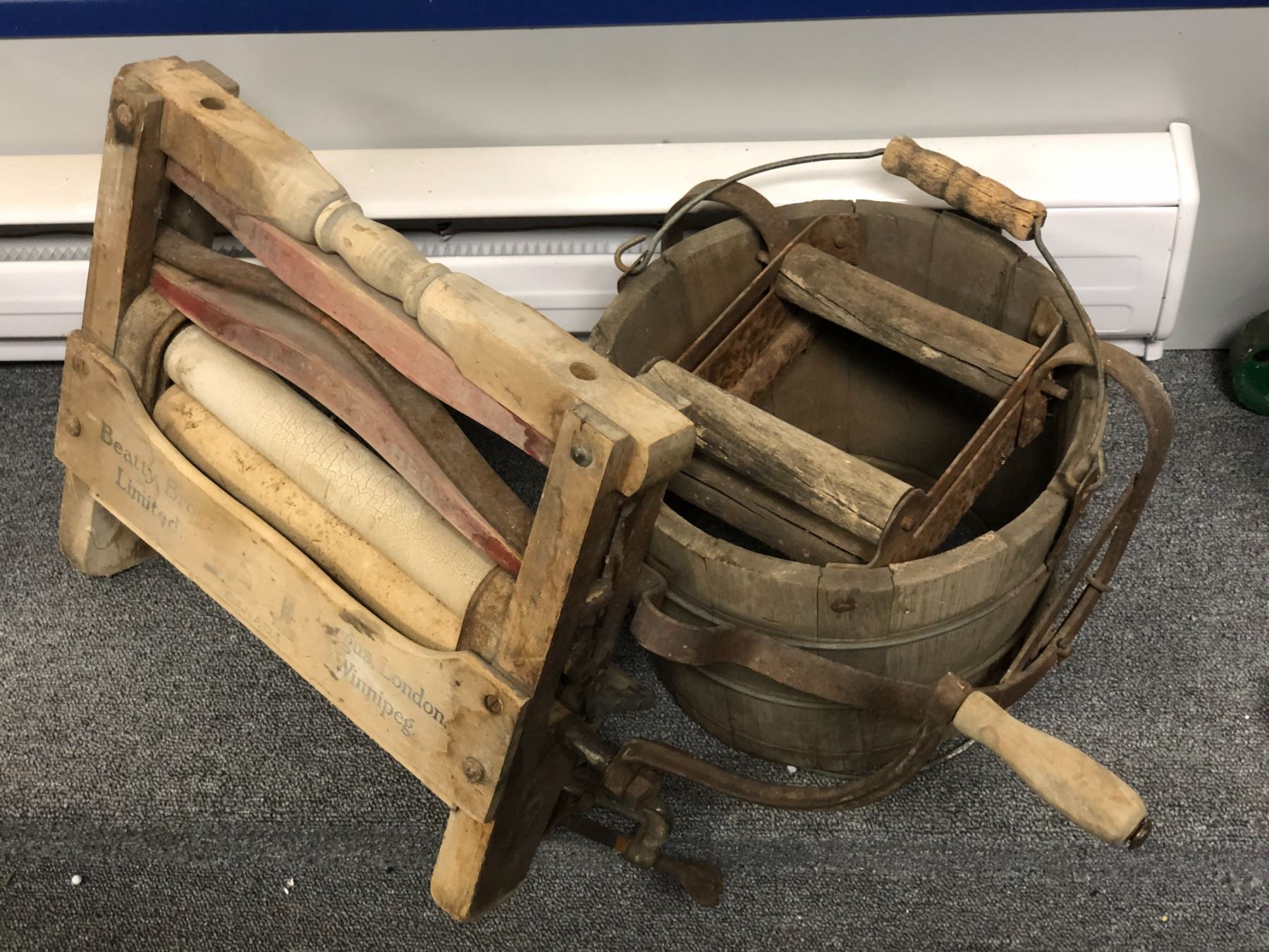 Antique Beatt Brothers clothes wooden washing ringer & wooden ringer bucket