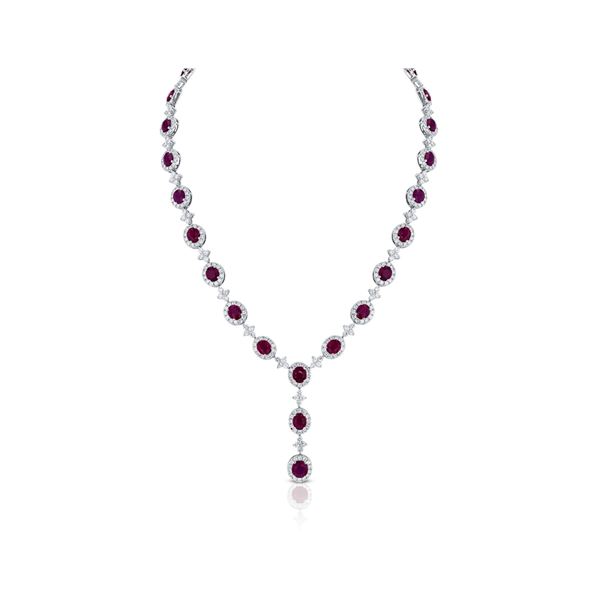 BARANOF: Natural Pigeon Blood Ruby and Diamond Necklace Set in 18K Whte Gold