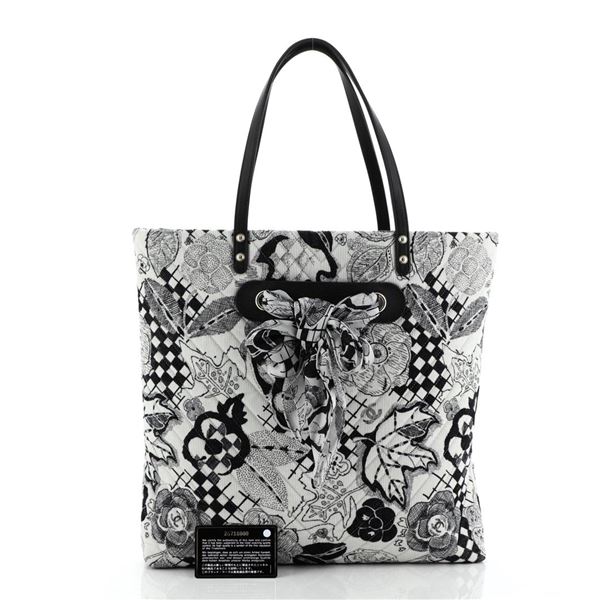 Chanel Scarf Tote Quilted Corduroy with Silk Black, Multicolor, White