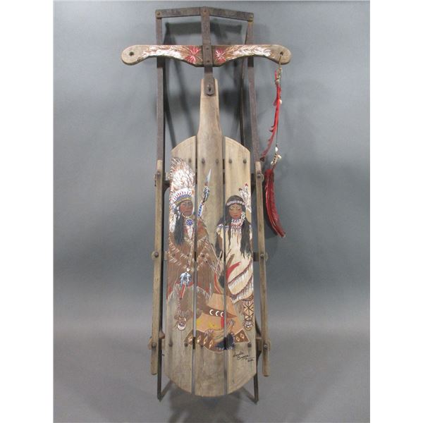 Painted Kids Sled- Native Scene Marked Sandra Brown 2022- Local Bitterroot Artist