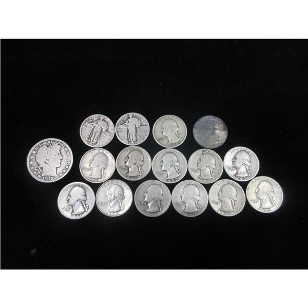 13 Pre '65 Washington Quarters- 2 Standing Liberty Quarters- 1915 Barber Half Dollar