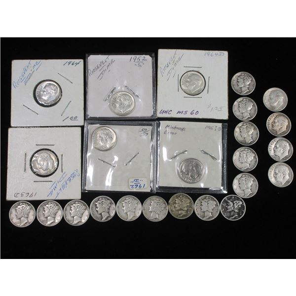 14 Mercury Dimes- 10 Pre '65 Roosevelt Dimes