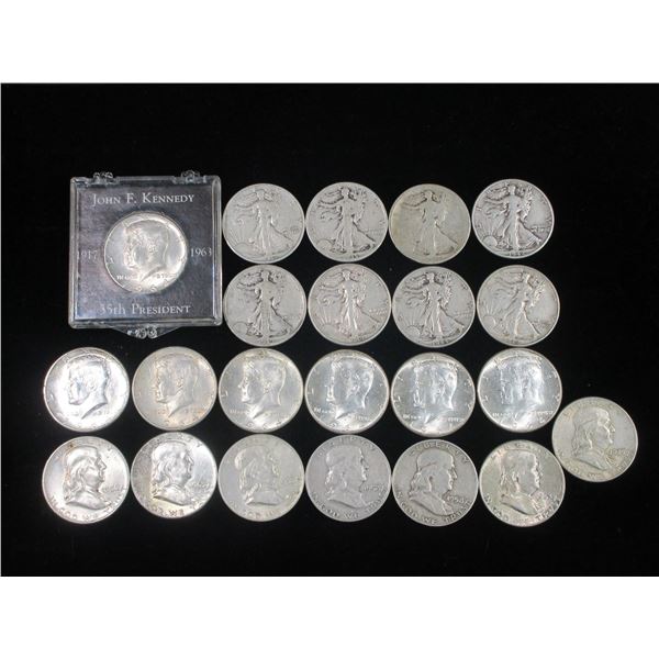 8 Walking Liberty Halves- 7 Franklin Halves- 7 1964 Kennedy Halves