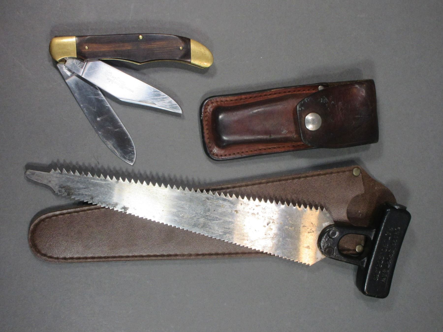 Frontier Double Bladed Folding Knife With Sheath Wyoming Saw With Sheath