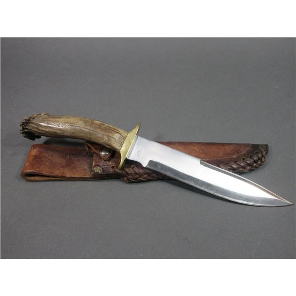 Unmarked Bowie Knife- 8.25" Blade- 5.5" Antler Handle- Sheath