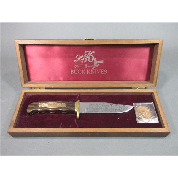 Spirit Of 76 Buck Knife- #2323- Wooden Presentation Case- Copper Medal- 5" Etched Blade- 4.5" Handle