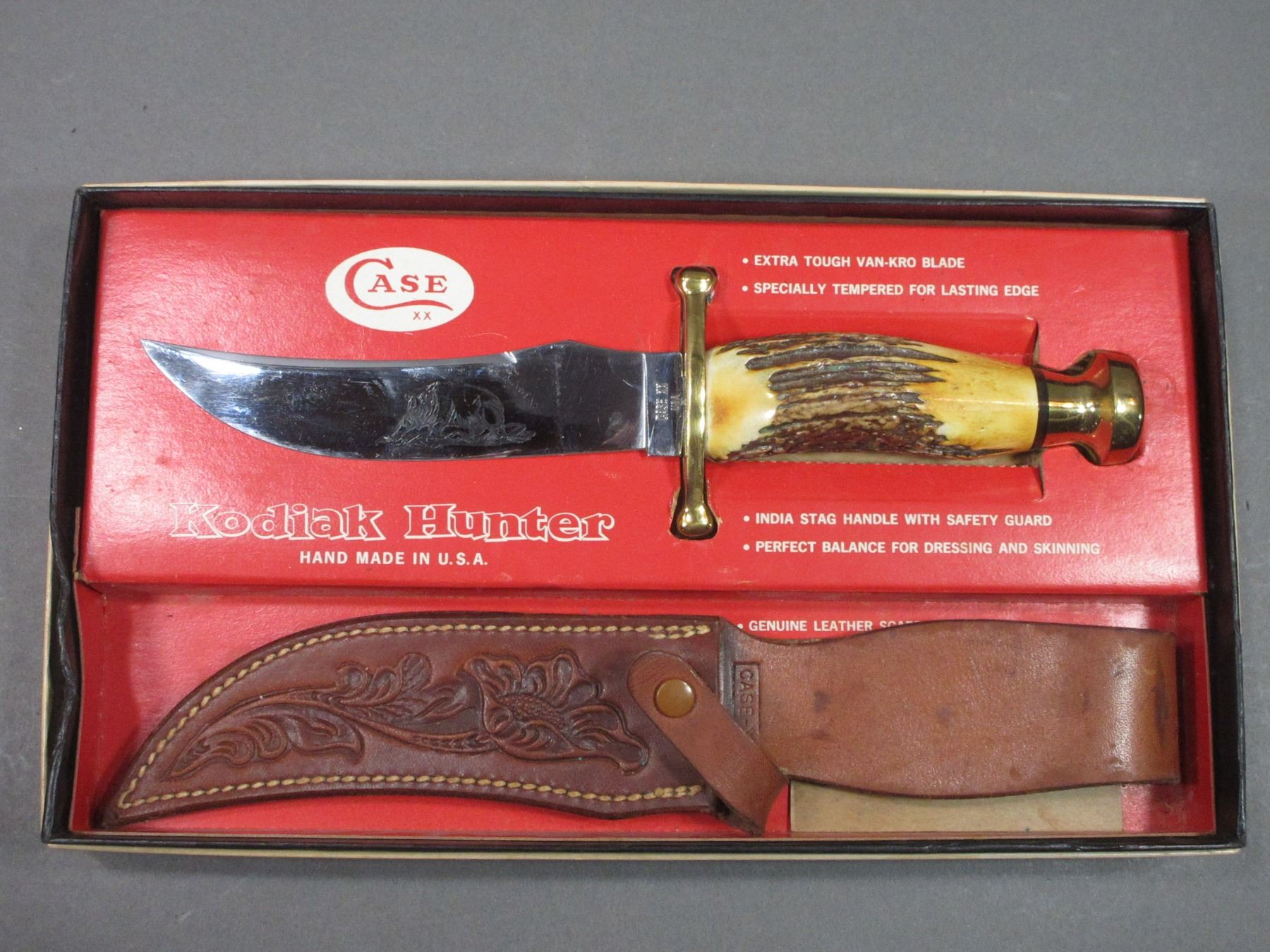 Case XX Kodiak Hunter Knife NIB 5.75" Etched Blade 4.5" India Stag