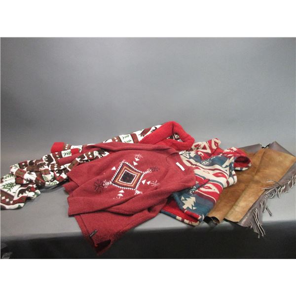 Woolrich Sweater Size L- Lazy One Coat Size S/M- Keren Hart Vest Size XL- Kids Shotgun Chaps- 33" L