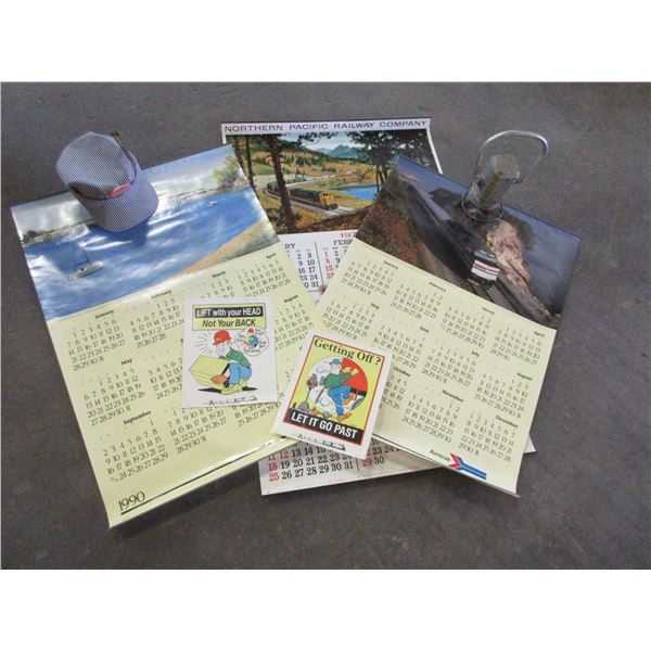 3 Railroad Calendars- Railroad Cap- 2 Railroad Posters- Railroad Lantern