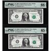 Image 1 : Matching Serial Number 1969 $1 Federal Reserve Bank Notes PMG Gem Uncirculated 65/66EPQ