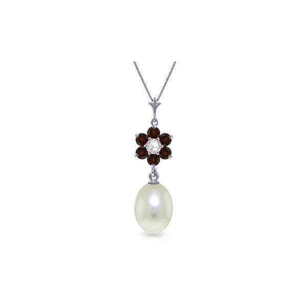 Genuine 4.53 ctw Pearl, Garnet & Diamond Necklace 14KT White Gold - REF-29M7T