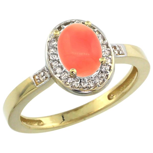 0.15 CTW Diamond & Natural Coral Ring 10K Yellow Gold - REF-31X4M