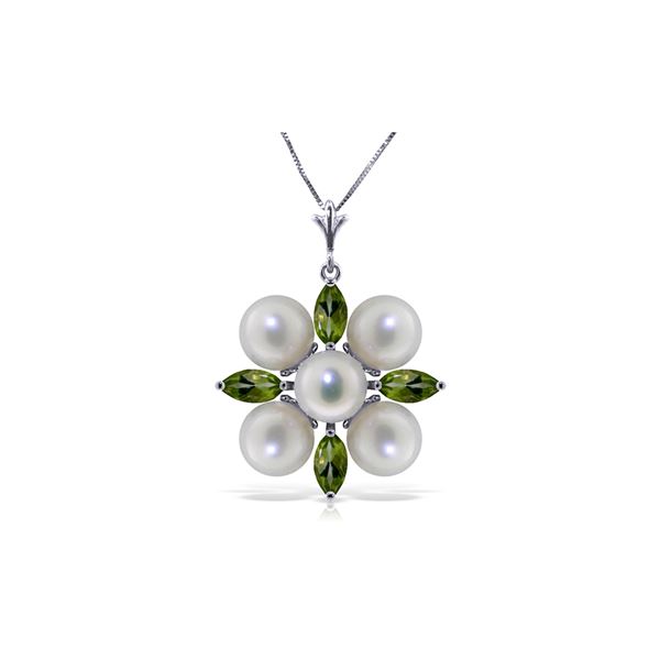 Genuine 6.3 ctw Peridot & Pearl Necklace 14KT White Gold - REF-59P2H