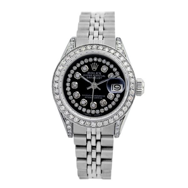 Rolex Pre-owned 26mm Womens Custom Black String Diamonds Stainless Steel