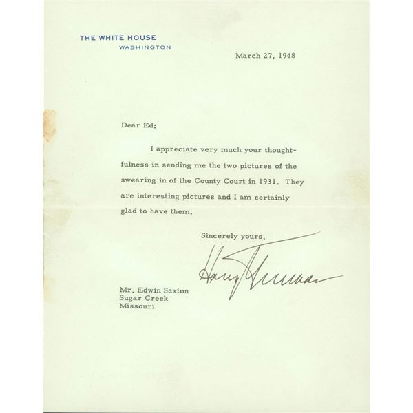 HARRY TRUMAN SIGNED LETTER (BECKETT LOA)