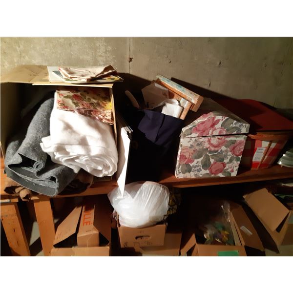 Assortment of Books, Fabrics, Blank Canvases, Wooden Chest and more. Cat A.