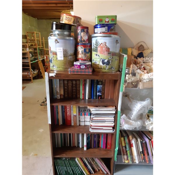 Book shelf, tins, books and magazines. Cat A.