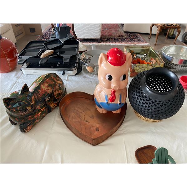 Home Decor, Piggy Bank, Hand Carved Cat, Copper Tray, Decorative Basket