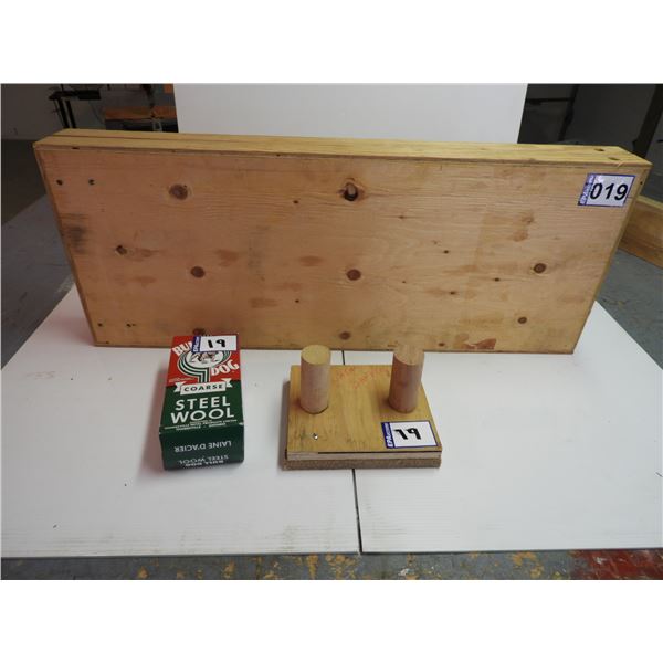 Wooden folding table and sanding block, steel wool