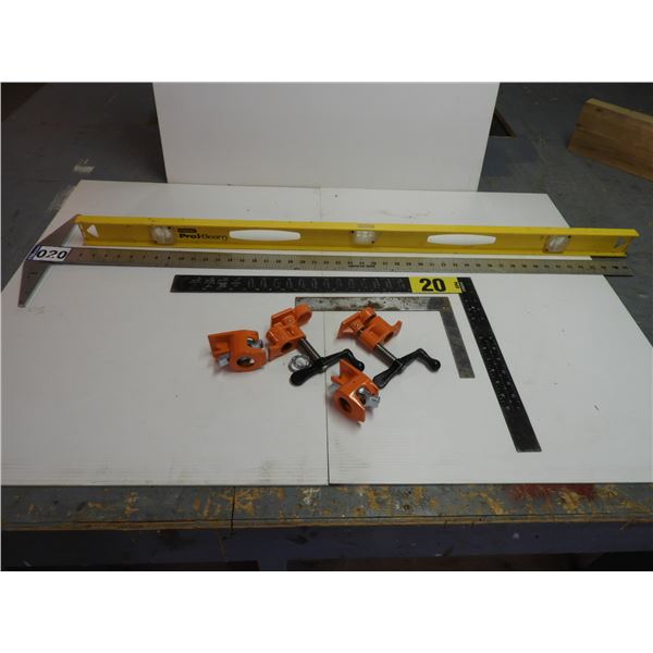 48" level, T-square, (2) squares, new pipe clamp hardware