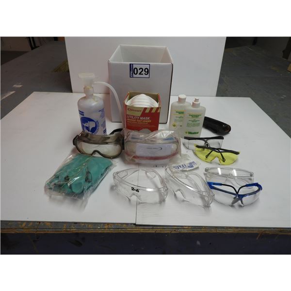 Safety items - eyewash bottle, masks goggles, etc (most items are new and unused)