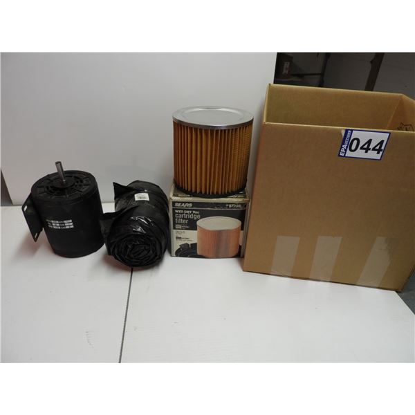 Vacuum cleaner filter (unused), vent insulation sleeve - 4"x10'(unused), 1/3 HP electric motor (work