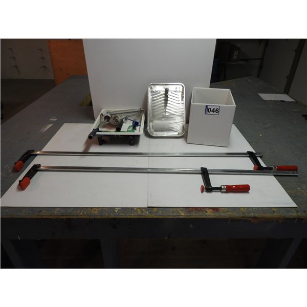 Paint trays and rollers, (2) clamps- 48", (2) foam sealant cans (unused), weather seal tape (unused)