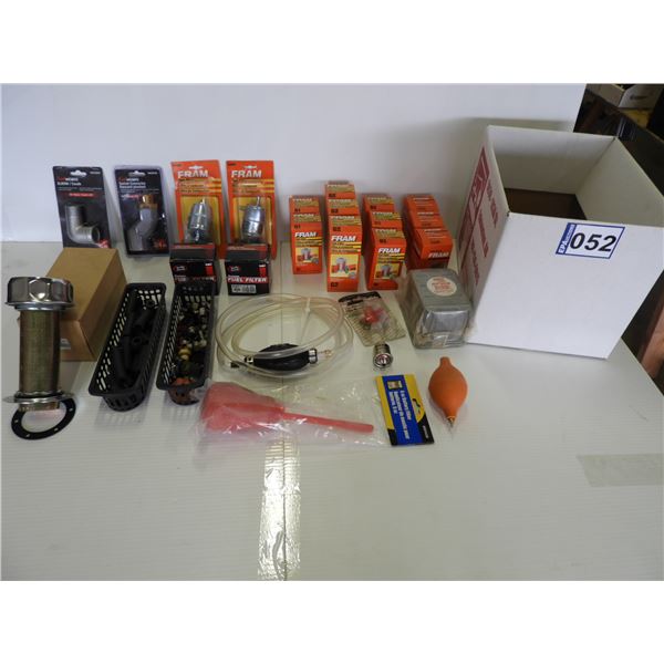 (18) Assorted fuel filters, breather cap, (2) battery filler suction bulbs (all unused)