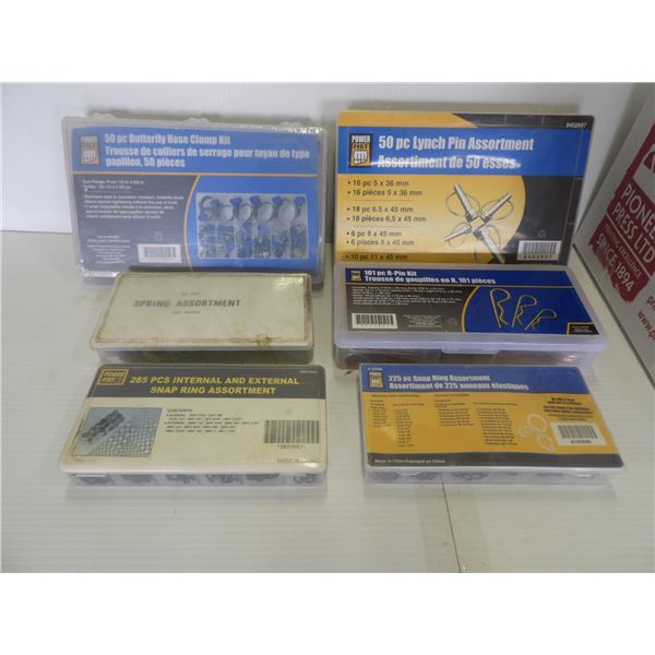 (6 kits) Hose clamps, lynch pins, (2) snap rings, R-Pins, (all unused & unopened), springs(opened)