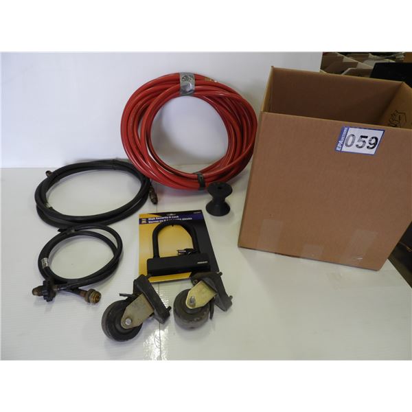 Air hose- 3/8"x 50', (2) propane hose , (2) lock casters , lynch roller/spool