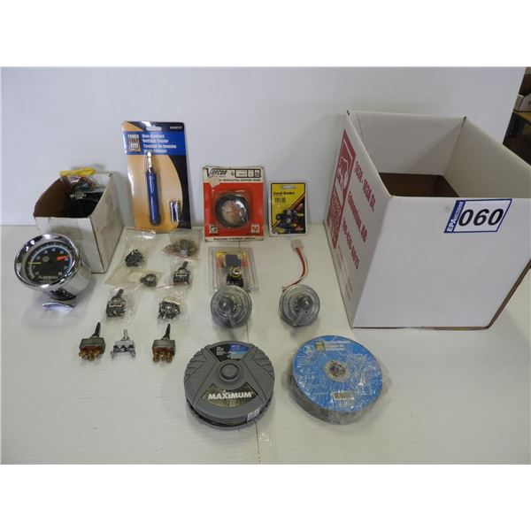 Tachomether (new), toggle/rocker swithches, breaker switch, battery shut-off swithches, cut off disc