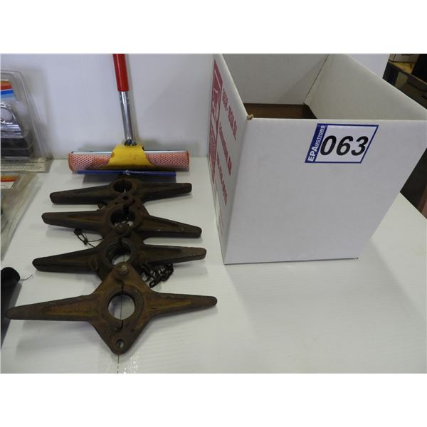 (4) Truck box anchors , (4) scaffold height adjustments , Motorola bag phone, 10" window squeegee