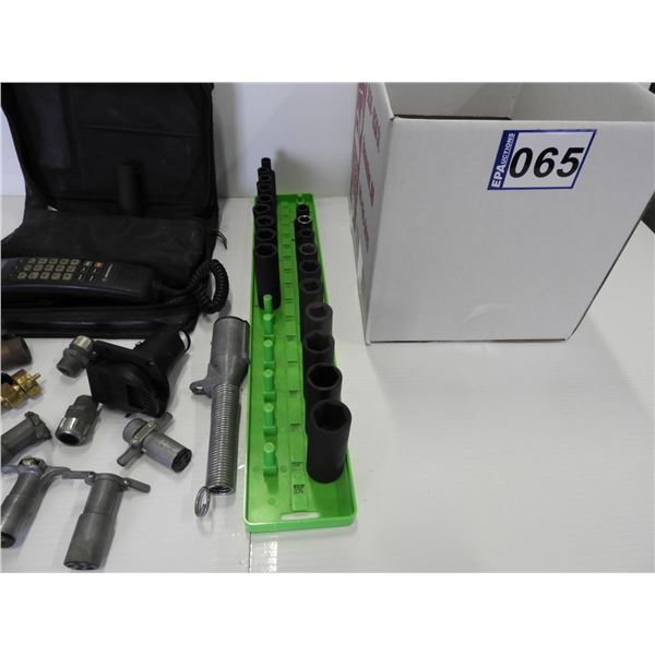 1/2" drive SAE and metric deep sockets, Motorola bag phone, electrical trailer connectors (4 pin and