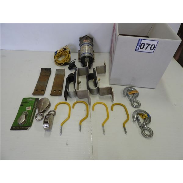 12 V Shurflo 1.8 gal/min pump, (2) roll tarp handle locks,  roll tarp stoppers, pulleys, (4) threade