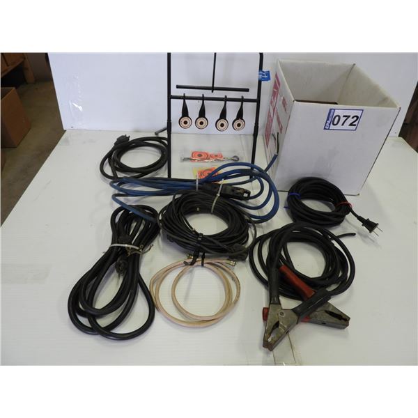 Assorted cords and cables, booster cables and shooting target with new