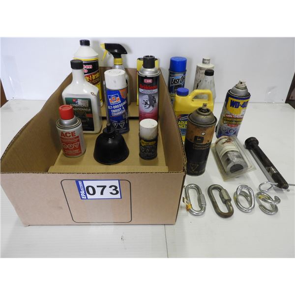 Brake fluid(1/2), brake antifreeze(1/4), Goo Gone(1/2), oil can, lock de-icer(1/2), Goof-off(full), 